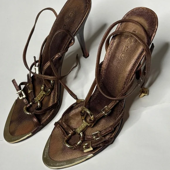 Vintage Bebe Brown Leather Gold Heels - Picture 4 of 8